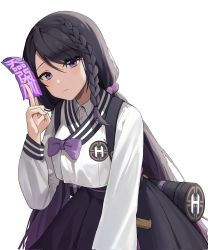 Rule 34 | 1girl, black hair, black skirt, black survival, blush, bow, bowtie, braid, breasts, closed mouth, collared shirt, cowboy shot, expressionless, hair between eyes, hair bobbles, hair ornament, hair over one eye, highres, holding, hyejin (black survival), irain ( irain ), long hair, long sleeves, looking at viewer, medium breasts, purple bow, purple eyes, shirt, sidelocks, simple background, skirt, solo, standing, swept bangs, twintails, uniform, white background, white shirt