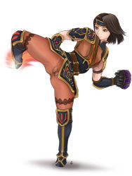 Rule 34 | 00s, 1girl, boots, brown eyes, brown hair, cameltoe, clitoris, cloritin, female focus, final fantasy, final fantasy xi, full body, gloves, headband, high kick, highres, hume, kicking, legs, monk, monk (final fantasy), no panties, pantyhose, pussy, see-through, short hair, solo, standing, standing on one leg, uncensored
