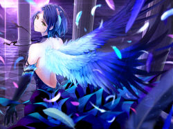 Rule 34 | 1girl, above clouds, back, backless dress, backless outfit, bare shoulders, black choker, black gloves, blue dress, blue hair, blurry, breasts, checkered floor, choker, cloud, commentary request, depth of field, dress, elbow gloves, fantasy, feathered wings, feathers, fed (giba), frilled dress, frills, from behind, full moon, gloves, hair ornament, hayami kanade, highres, idolmaster, idolmaster cinderella girls, idolmaster cinderella girls starlight stage, light particles, long dress, looking at viewer, looking back, medium breasts, moon, night, parted bangs, pillar, reflection, short hair, sidelocks, solo, standing, wings, yellow eyes