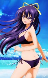 Rule 34 | 1girl, :d, absurdres, artist name, ass, benjoerres, bikini, blue sky, breasts, butt crack, cleavage, cowboy shot, date a live, day, derivative work, floating hair, hair between eyes, hair ribbon, halterneck, highres, leg up, long hair, looking at viewer, medium breasts, ocean, open mouth, ponytail, purple bikini, purple eyes, purple hair, purple ribbon, ribbon, side-tie bikini bottom, sky, smile, solo, standing, standing on one leg, swimsuit, very long hair, yatogami tooka, yellow ribbon