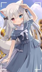 Rule 34 | 1girl, animal ear fluff, animal ears, arm up, belt, belt buckle, black bow, blue eyes, blurry, blurry background, bow, buckle, cloud, dot nose, dress, flower, goma (u p), grey dress, hair bow, heterochromia, light smile, long hair, looking at viewer, original, pink eyes, short sleeves, solo, standing, sunflower, tail, very long hair, white bow, white hair