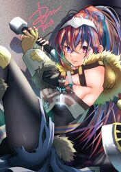 Rule 34 | absurdres, alear (female) (fire emblem), alear (fire emblem), black pantyhose, blue eyes, blue hair, closed mouth, commentary request, detached sleeves, fingerless gloves, fire emblem, fire emblem engage, fur trim, gloves, heterochromia, highres, holding, holding weapon, long hair, looking at viewer, medaka digital, multicolored hair, nintendo, official alternate costume, official alternate hairstyle, pantyhose, ponytail, red eyes, red hair, split-color hair, tiara, two-tone hair, weapon