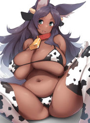 Rule 34 | 1girl, animal ears, aqua eyes, bare shoulders, bikini, blush, breasts, cleavage, dark-skinned female, dark skin, fate/grand order, fate (series), highres, huge breasts, jackal ears, kuronyan, large breasts, long hair, looking at viewer, neck bell, open mouth, parted bangs, purple hair, queen of sheba (fate), smile, solo, spread legs, swimsuit, thighhighs, thighs, white bikini, white thighhighs