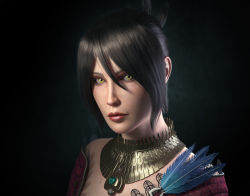 Rule 34 | 1girl, bare shoulders, black hair, dragon age, dragon age: origins, fantasy, feathers, fingernails, highres, jewelry, lips, long fingernails, magic, morrigan (dragon age), necklace, pale skin, realistic, ring, short hair, solo, swept bangs, yellow eyes