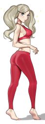 Rule 34 | 1girl, absurdres, ass, bad id, bad twitter id, barefoot, blue eyes, breasts, commission, from side, full body, highres, leggings, long hair, nia (nia4294), pants, parted lips, persona, persona 5, red pants, red sports bra, sideboob, silver hair, simple background, solo, sparkle, sports bra, standing, takamaki anne, twintails, white background