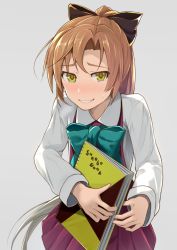 Rule 34 | 10s, 1girl, akigumo (kancolle), blush, book, bow, bowtie, brown eyes, brown hair, dress, green eyes, grey background, hair bow, hair ribbon, hinami (hinatamizu), holding, kantai collection, long hair, long sleeves, looking at viewer, parted lips, pleated dress, pleated skirt, ponytail, ribbon, school uniform, simple background, sketchbook, skirt, smile, solo, sweat, teeth