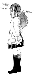 Rule 34 | 1girl, apron, bad id, bad pixiv id, from side, full body, greyscale, highres, jewelry, kappougi, long hair, mole, monochrome, original, pleated skirt, profile, ring, sakiyo cake, simple background, skirt, solo, text focus, translation request, wedding band, white background