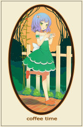 Rule 34 | 1girl, blue hair, bow, coffee cup, collarbone, cup, disposable cup, dress, english text, full body, green dress, green eyes, hair bow, hair ornament, highres, holding, looking at viewer, original, polka dot, polka dot dress, shoes, short hair, solo, walking, zimajiang