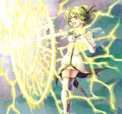 Rule 34 | 1girl, angry, book, boots, cape, dress, elbow gloves, female focus, fire emblem, fire emblem: the sacred stones, gloves, gradient background, green eyes, green hair, l&#039;arachel (fire emblem), lightning, matching hair/eyes, nintendo, open mouth, ponytail, princess, solo, spell, thigh boots, thighhighs, thunder
