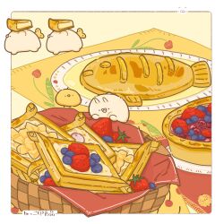 Rule 34 | basket, blueberry, border, cat, food, food focus, fruit, hennekko, highres, no humans, original, pie, plate, simple background, strawberry, white border, yellow background