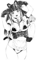 Rule 34 | 1girl, absurdres, animal ears, apron, arm garter, arm strap, between breasts, bikini, blunt bangs, blush, breasts, cat ears, cat tail, cleavage, commentary request, corset, detached collar, dust cloud, fake animal ears, fake tail, frilled apron, frills, gagaimo, gloves, greyscale, hair ribbon, head tilt, highres, lace, lace-trimmed bikini, lace trim, large breasts, leaning to the side, looking at viewer, maid, maid bikini, monochrome, necktie, open mouth, original, partial commentary, paw pose, ribbon, skindentation, solo, standing, string bikini, swimsuit, tail, tail ornament, tail ribbon, traditional media, twintails, unconventional maid, waist apron, wing collar