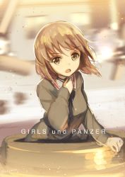 Rule 34 | 10s, 1girl, action, akame (akamiru), arm support, bad id, bad pixiv id, blurry, brown eyes, brown hair, copyright name, girls und panzer, hand up, hatch, military, military vehicle, motor vehicle, nishizumi miho, short hair, sketch, solo, tank, throat microphone, twitter username, uniform, upper body, vehicle, wind, yellow theme