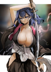 Rule 34 | 1girl, absurdres, arm up, black kimono, bleach, breasts, closed mouth, commentary, cosplay, cowboy shot, dot nose, hair between eyes, highres, hip vent, holding, holding sword, holding weapon, hololive, hololive english, japanese clothes, katana, kimono, large breasts, long sleeves, looking at viewer, matsumoto rangiku, no bra, open clothes, open kimono, ouro kronii, solo, sword, thighs, virtual youtuber, vyragami, weapon, wide sleeves