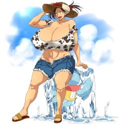 Rule 34 | 1girl, animal print, arm support, breasts, brown hair, cleavage, cow girl, cow horns, cow print, creature, gigantic breasts, hataraki ari, horns, ice, original, simple background, solo, standing, sukimi, twintails, yellow eyes