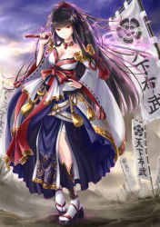 Rule 34 | 1girl, aura, banner, black footwear, black hair, blue skirt, blue sky, blunt bangs, breasts, choker, cleavage, closed mouth, commentary request, day, expressionless, frilled skirt, frills, full body, hand on own hip, holding, holding sword, holding weapon, japanese clothes, katana, kimono, long hair, long skirt, looking at viewer, medium breasts, natsuya (kuttuki), nobori, off shoulder, outdoors, over shoulder, red eyes, sandals, skirt, sky, solo, sword, sword over shoulder, tabi, venus blade, very long hair, weapon, weapon over shoulder, white kimono, white legwear, wide sleeves, zouri