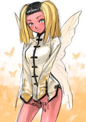 Rule 34 | 1girl, atlus, bad id, bad pixiv id, blonde hair, blush, bottomless, china dress, chinese clothes, colored skin, demon girl, dress, green eyes, hua po, hua po (megami tensei), persona, persona 3, persona 4, red skin, shimotsuki eight, shin megami tensei, shin megami tensei: strange journey, solo, tears, twintails, wings