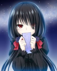 Rule 34 | 10s, 1girl, absurdres, black hair, bow, covered mouth, date a live, hair bow, hair ornament, heterochromia, highres, long hair, looking at viewer, red eyes, sigemi, sky, solo, star (sky), starry sky, tanabata, tanzaku, tokisaki kurumi, twintails, yellow eyes