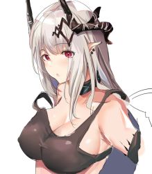 Rule 34 | 1girl, arknights, bare shoulders, breasts, cleavage, commentary, horns, large breasts, long hair, looking at viewer, material growth, mudrock (arknights), oripathy lesion (arknights), red eyes, silver hair, simple background, sirius enjoliao, solo, sports bra, upper body, white background