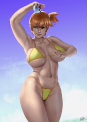 Rule 34 | 1girl, adapted costume, alternate breast size, artist name, asymmetrical hair, bare legs, bikini, blush, breasts, cowboy shot, creatures (company), crop top, eyelashes, female focus, game freak, gen 1 pokemon, green eyes, gym leader, hair between eyes, hair tie, highres, holding, holding poke ball, irving-zero, large breasts, legs, looking at viewer, misty (pokemon), navel, nintendo, orange hair, poke ball, pokemon, pokemon rgby, ponytail, short hair, side ponytail, simple background, smile, solo, swimsuit, thick thighs, thighs, thong, water, wide hips