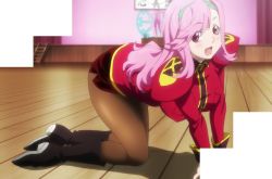 Rule 34 | 1girl, :d, all fours, arm support, bent over, blurry, blush, boots, breasts, brown pantyhose, celia ootsuka, depth of field, fang, floor, hairband, highres, indoors, ladder, large breasts, legs, long hair, long sleeves, looking at viewer, maken-ki!, miniskirt, on floor, open mouth, pantyhose, pink hair, puffy sleeves, red eyes, red shirt, screencap, shadow, shirt, skirt, smile, solo, stage, stitched, takami akio, thighs, third-party edit, uniform, wooden floor
