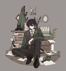 Rule 34 | 1boy, black eyes, black footwear, black hair, black socks, brown pants, brown vest, clothes hanger, coat, collared shirt, corded phone, eventhorizon d, green coat, highres, indoors, limbus company, looking at viewer, male focus, necktie, pants, phone, plant, potted plant, project moon, shirt, shoes, sitting, socks, solo, sword, vest, weapon, white shirt, wooden floor, yellow necktie, yi sang (project moon)
