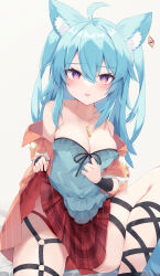 Rule 34 | 1girl, ahoge, animal ear fluff, animal ears, arm warmers, bare shoulders, blue hair, blue shirt, blush, breasts, cleavage, clothes lift, collarbone, cowboy shot, ear piercing, fox ears, fox girl, fox tail, hair between eyes, hand on own chest, highleg, highleg panties, highres, jacket, jewelry, knee up, long hair, looking at viewer, medium breasts, multiple straps, nibiiro shizuka, o-ring, o-ring thigh strap, off shoulder, open clothes, open jacket, original, panties, panty peek, pendant, piercing, plaid, plaid skirt, pleated skirt, purple eyes, raised eyebrows, red jacket, red panties, shirt, sidelocks, simple background, skirt, skirt lift, solo, strapless, strapless shirt, sweatdrop, tail, thigh strap, thighs, tongue, tongue out, two side up, underwear, white background