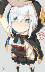 Rule 34 | 1girl, arm up, armpits, ars almal, artist name, black cape, black footwear, black skirt, blue eyes, blush, book, breasts, cape, closed mouth, detached sleeves, grey background, hair between eyes, hair over one eye, headpat, highres, holding, holding book, hood, hood up, hooded cape, large breasts, nijisanji, nose blush, pout, shirt, signature, skirt, sleeveless, speech bubble, sweatdrop, tarachine, virtual youtuber, white hair, white shirt