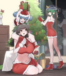 Rule 34 | 3girls, absurdres, alternate costume, arms up, blue eyes, blue hair, blue headwear, blush, bow, breasts, brown eyes, brown hair, christmas, christmas lights, christmas tree, commentary, dress, flower, frilled hat, frills, frogsnake, full body, fur-trimmed dress, fur-trimmed footwear, fur-trimmed gloves, fur trim, gift, gloves, green bow, green eyes, green hair, hair bow, hat, highres, huge breasts, indoors, kawashiro nitori, long hair, looking at another, mittens, multiple girls, navel, no wings, on shoulder, open mouth, red dress, red flower, red footwear, red gloves, red mittens, red skirt, reflection, reiuji utsuho, santa costume, santa hat, shiki eiki, short dress, short hair, sidelocks, sitting, skirt, sleeveless, sleeveless dress, small breasts, standing, third eye, touhou, two side up, vase, white gloves, window