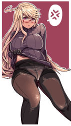 Rule 34 | 1girl, absurdres, alma armas, anger vein, black pantyhose, blonde hair, blush, closed mouth, clothes lift, crotch seam, dark-skinned female, dark skin, glasses, highres, lifted by self, long hair, long sleeves, looking at viewer, mechanical hands, mikiji, panties, panties under pantyhose, pantyhose, prosthesis, prosthetic hand, purple eyes, purple sweater, red-framed eyewear, ribbed sweater, semi-rimless eyewear, solo, speech bubble, spoken anger vein, sweater, sweater lift, thighband pantyhose, turtleneck, turtleneck sweater, under-rim eyewear, underwear, va-11 hall-a