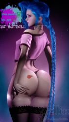Rule 34 | 1girl, 3d, absurdres, ass, ass tattoo, blue hair, breasts, female focus, from behind, highres, huge ass, jinx (league of legends), league of legends, nillin, pink hair, small breasts, solo, tattoo