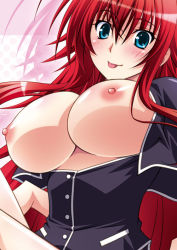 Rule 34 | 10s, 1girl, :p, blue eyes, blush, breasts, high school dxd, izumi mahiru, large breasts, long hair, nipples, no bra, open clothes, red hair, rias gremory, solo, tongue, tongue out