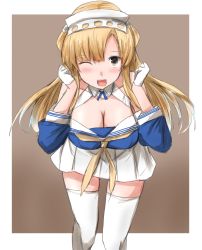 Rule 34 | 1girl, alternate eye color, blonde hair, blue shirt, breasts, brown background, brown eyes, cleavage, double bun, fletcher (kancolle), gloves, hair bun, hair ornament, hairband, highres, kamaboko senshi, kantai collection, large breasts, long hair, looking at viewer, neckerchief, off shoulder, one eye closed, open mouth, pleated skirt, sailor collar, school uniform, serafuku, shirt, skirt, smile, solo, star (symbol), star hair ornament, thighhighs, two-tone background, united states medal of honor, white background, white gloves, white sailor collar, white skirt, white thighhighs