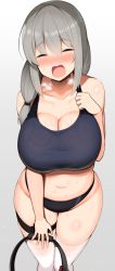 Rule 34 | 1girl, bare shoulders, blush, breasts, cleavage, curvy, grey hair, hair between eyes, hair over shoulder, highres, jakko, large breasts, long hair, low-tied long hair, low tied hair, mature female, navel, open mouth, ring-con, ring fit adventure, sweat, thigh strap, thighhighs, thighs, uzaki-chan wa asobitai!, uzaki tsuki, white thighhighs