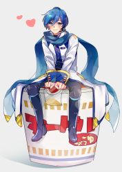 Rule 34 | 1boy, blue eyes, blue hair, coat, heart, highres, kaito (vocaloid), kaito (vocaloid3), kinoko neppu, long sleeves, mini person, miniboy, nissin cup noodle, noodle stopper, pants, pants tucked in, scarf, sitting, smile, solo, vocaloid