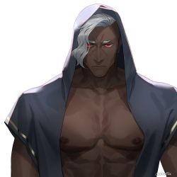 Rule 34 | 1boy, abs, ares, ares (hades), artist name, bara, bare pectorals, close-up, dark-skinned male, dark skin, frown, hades (series), hades 1, highres, hood, hoodie, jacket, large pectorals, looking at viewer, male focus, muscular, muscular male, nipples, o3tofu, open clothes, open jacket, pectorals, red eyes, silver hair, solo, upper body