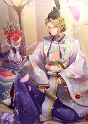 Rule 34 | 1boy, blonde hair, fire emblem, fire emblem fates, flower, hat, highres, ichino tomizuki, japanese clothes, kimono, looking at viewer, male focus, nintendo, red eyes, smile, solo, vase, xander (fire emblem)