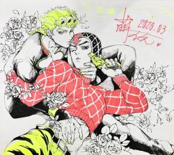 Rule 34 | 2020, 2boys, argyle, argyle clothes, argyle sweater, belt, braid, commentary request, dated, flower, giorno giovanna, greyscale, guido mista, gun, handgun, hat, highres, holding, holding gun, holding weapon, jacket, jojo no kimyou na bouken, long hair, looking at viewer, male focus, meng bu chong, monochrome, multiple boys, nail polish, one eye closed, pants, short hair, signature, smile, spot color, sweater, toned, toned male, vento aureo, weapon, yaoi