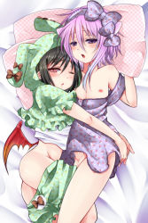 Rule 34 | 2boys, androgynous, animal ears, ass, bed sheet, black hair, bloomers, bloomers pull, bow, crossdressing, erection, gradient hair, hair bow, hairband, hug, male focus, matsuha mareo, multicolored hair, multiple boys, nightgown, nipples, one eye closed, original, pajamas, penis, pillow, pink hair, red eyes, strap slip, trap, trap on trap, underwear, wings, wink, yaoi