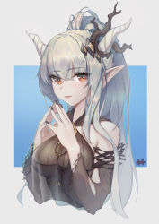 Rule 34 | 1girl, absurdres, arknights, bare shoulders, black nails, blue background, breasts, brown eyes, cropped torso, detached sleeves, hair between eyes, hair ornament, hands up, highres, horns, large breasts, long hair, long sleeves, looking at viewer, nail polish, official alternate costume, own hands together, pointy ears, ponytail, saw272, shining (arknights), shining (silent night) (arknights), silver hair, smile, solo, steepled fingers, two-tone background, upper body, white background