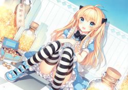 Rule 34 | 1girl, absurdres, ahoge, alice (alice in wonderland), alice in wonderland, apron, artist name, blonde hair, bloomers, blue eyes, blush, bow, candy, checkerboard cookie, cookie, dress, dutch angle, food, frilled dress, frills, hair bow, hand on own chest, highres, konpeitou, long hair, nardack, puffy short sleeves, puffy sleeves, short sleeves, sitting, solo, striped clothes, striped thighhighs, thighhighs, two side up, underwear