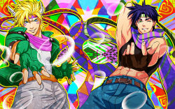 Rule 34 | 2boys, 9tt6, abs, battle tendency, belt, black hair, blonde hair, blue eyes, bubble, caesar anthonio zeppeli, colorful, crop top, cropped jacket, fabulous, facial mark, feathers, fingerless gloves, gloves, green eyes, headband, hydrokinesis, jacket, jojo no kimyou na bouken, joseph joestar, joseph joestar (young), male focus, midriff, multiple boys, one eye closed, pants, patterned background, ribbon, scarf, shirt, sleeveless, striped clothes, striped scarf, tight clothes, water, white pants, white shirt, wink