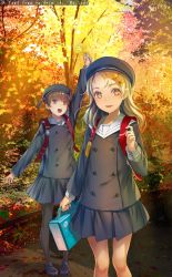 Rule 34 | 2girls, arm up, autumn leaves, backpack, bag, black legwear, black skirt, blonde hair, brown hair, buttons, day, double-breasted, english text, female focus, hair ornament, hairclip, hat, highres, looking at viewer, multiple girls, one side up, original, outdoors, pantyhose, sailor collar, skirt, smile, sody, standing, tree