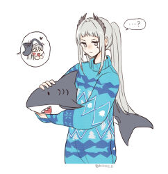 Rule 34 | 2girls, arknights, blue sweater, chibi, christmas sweater, closed mouth, earrings, grey eyes, grey hair, hat, head wings, heart, highres, holding, holding stuffed toy, irene (arknights), jewelry, light blush, long hair, multiple girls, notice lines, ong (fyza2772), open mouth, penguin print, perplexed, ponytail, scar, scar across eye, shark, shark print, sharp teeth, sidelocks, simple background, specter (arknights), specter the unchained (arknights), speech bubble, standing, stuffed animal, stuffed toy, sweater, teeth, tree print, white background, wings, yuri
