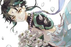 Rule 34 | 1boy, ahoge, bead necklace, beads, black hair, bouquet, commentary request, eyeshadow, facial mark, flower, forehead mark, genshin impact, green hair, highres, jewelry, looking at viewer, makeup, male focus, multicolored hair, necklace, petals, red eyeshadow, shiraishi (siraisi00), simple background, smile, solo, spikes, twitter username, upper body, white background, white flower, xiao (genshin impact), yellow eyes