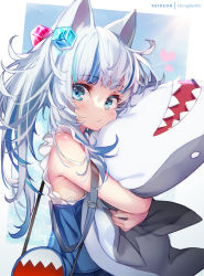 Rule 34 | 1girl, animal ears, artist name, bag, blue eyes, blue hair, blunt bangs, cat ears, cheek press, closed mouth, gawr gura, gawr gura (casual), heart, holding, holding stuffed toy, hololive, hololive english, hong (white spider), long hair, looking at viewer, multicolored hair, patreon username, side ponytail, sleeveless, solo, stuffed animal, stuffed shark, stuffed toy, two-tone hair, virtual youtuber, white hair