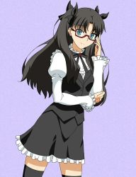 Rule 34 | 1girl, adjusting eyewear, alternate costume, aqua eyes, black bow, black bowtie, black hair, black ribbon, black skirt, black thighhighs, black vest, blue background, bow, bowtie, breasts, c:, closed mouth, fate/stay night, fate (series), female focus, frilled shirt, frilled skirt, frilled sleeves, frills, hair ribbon, hand up, highres, long hair, long sleeves, looking at viewer, miniskirt, neck, parted bangs, red-framed eyewear, ribbon, semi-rimless eyewear, sha11021997, shirt, skirt, small breasts, smile, solo, standing, thighhighs, tohsaka rin, two side up, type-moon, under-rim eyewear, very long hair, vest, white shirt, zettai ryouiki
