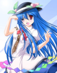 Rule 34 | 1girl, blue hair, female focus, food, fruit, hat, heart, highres, hinanawi tenshi, long hair, nori tamago, open mouth, peach, red eyes, skirt, smile, solo, touhou, wink