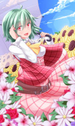 Rule 34 | 1girl, ascot, belt, blue sky, breasts, buttons, cloud, daisy, day, dress shirt, female focus, flower, flower request, frills, green hair, hand in own hair, kazami yuuka, leaf, lily (flower), long sleeves, looking at viewer, medium breasts, nogisaka kushio, open mouth, parasol, plaid, plaid skirt, plaid vest, red eyes, rose, shirt, short hair, skirt, sky, solo, sunflower, touhou, umbrella, vest