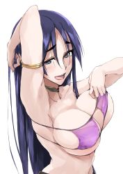 Rule 34 | 1girl, arm behind head, arm up, armlet, armpits, bare shoulders, bikini, blush, breasts, choker, cleavage, collarbone, eyepatch bikini, fate/grand order, fate (series), highres, large breasts, long hair, looking at viewer, minamoto no raikou (fate), minamoto no raikou (fate/grand order), minamoto no raikou (swimsuit lancer) (fate), open mouth, parted bangs, purple bikini, purple eyes, purple hair, sideboob, simple background, smile, swimsuit, very long hair, white background, zekkyon