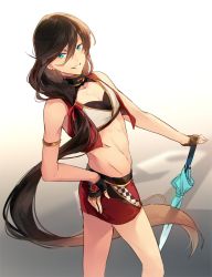 Rule 34 | 10s, 1boy, adapted costume, androgynous, bare shoulders, black gloves, black hair, blue eyes, closed umbrella, collarbone, crossdressing, earrings, endend (shinia), fingerless gloves, gloves, gold trim, hand on own hip, izumi-no-kami kanesada, jewelry, long hair, low ponytail, male focus, midriff, miniskirt, open clothes, open vest, pectoral cleavage, pectorals, race queen, skirt, solo, thighs, toned, toned male, touken ranbu, trap, umbrella, very long hair, vest